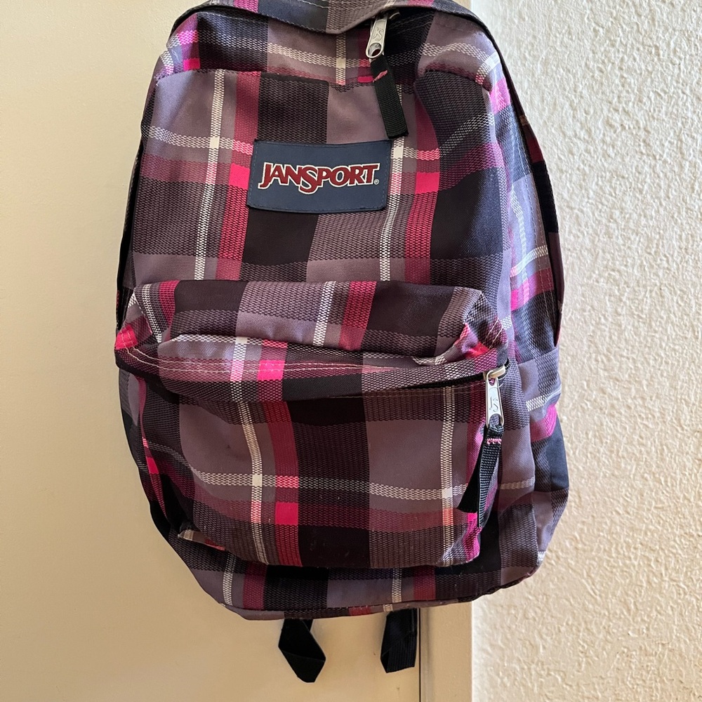 JanSport Checkered Backpack - Black, Pink, and Gray
